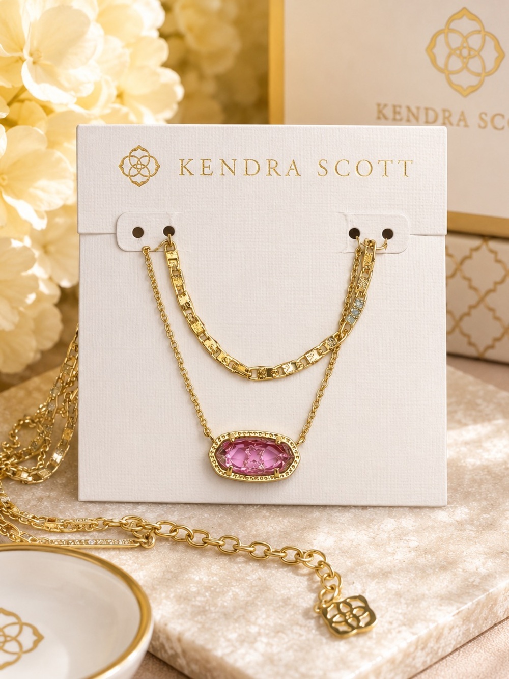 Kendra Scott Elisa Layered Necklace – Gold Tone with Pinkish Purple Stone